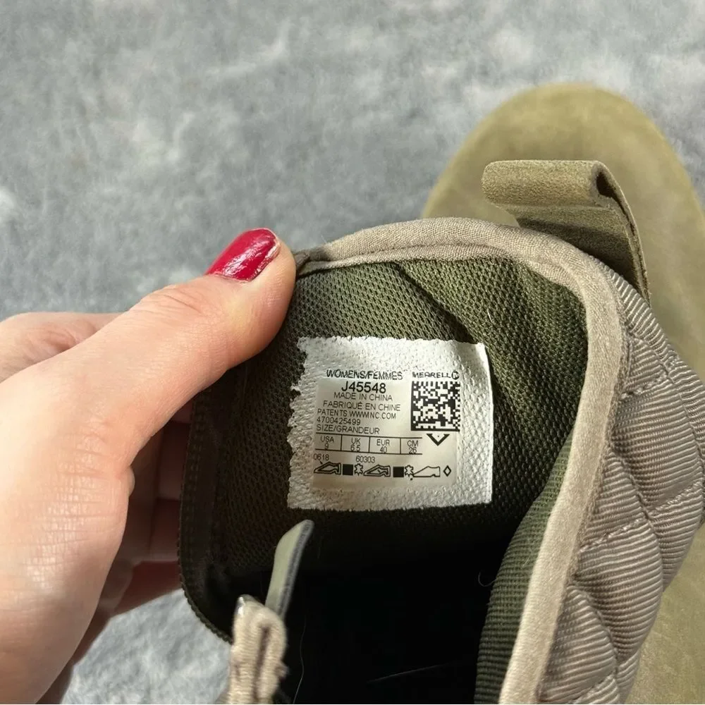 Women’s 9 Merrell Chateau II Dusty Olive Mid Boots Side‎ Zip Waterproof J45548